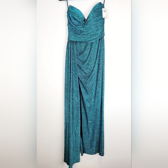 NWT Blondie Nites Juniors Glittered Ruched Strapless Gown in Teal Size 3 - Picture 5 of 13